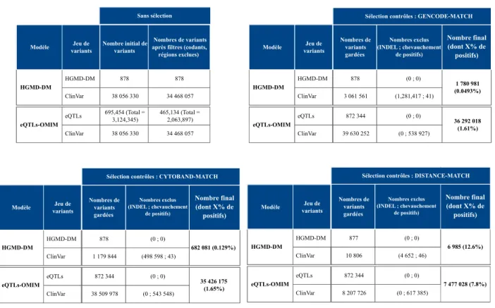 Table 7.2 – Comptages de variants sélectionnés pour entraîner les modèles