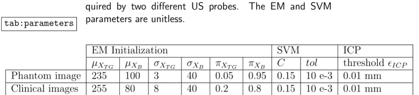 Table 4: Parameters values used for each image type ac- ac-quired by two different US probes