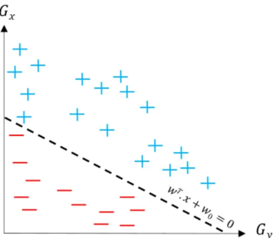 Figure 6: Example of SVM binary classification. True positives in blue and false positives in red.