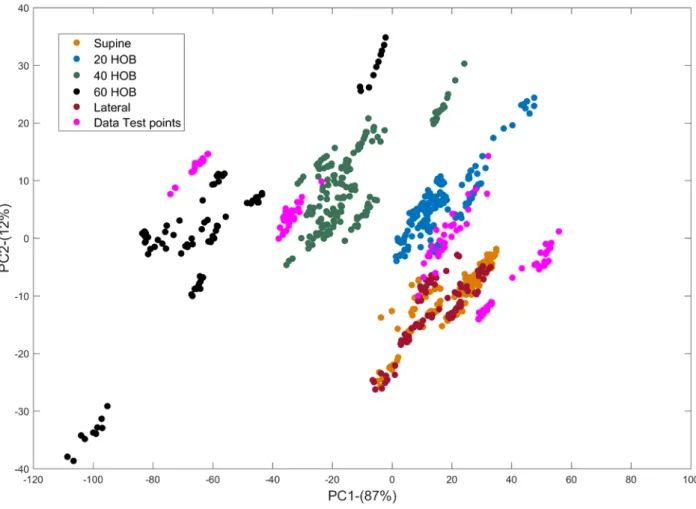 Fig. 4: Signals corresponding to the training data set (9 subjects) projected onto the first two principal  components, PC1 and PC2, with their corresponding variance in brackets