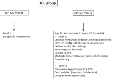 Figure 3  Algorithms for the therapeutic strategies for the ICP + PbtO 2  group. CI, cardiac index; CPP, cerebral perfusion  pressure; Hb, haemoglobin; ICP, intracranial pressure; PbtO2, brain tissue oxygen pressure.