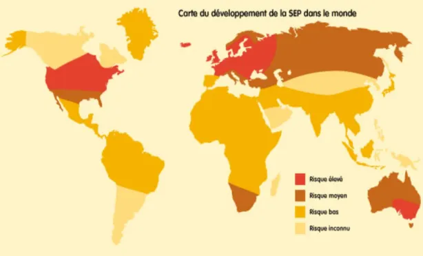 Figure 1 : Prévalence de la SEP dans le monde. [14]