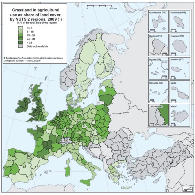 Figure 1 : Surfaces en prairies permanentes au sein de l’Union Européenne (UE-27 ; 1995 ; Huyghe et al., 2014) 