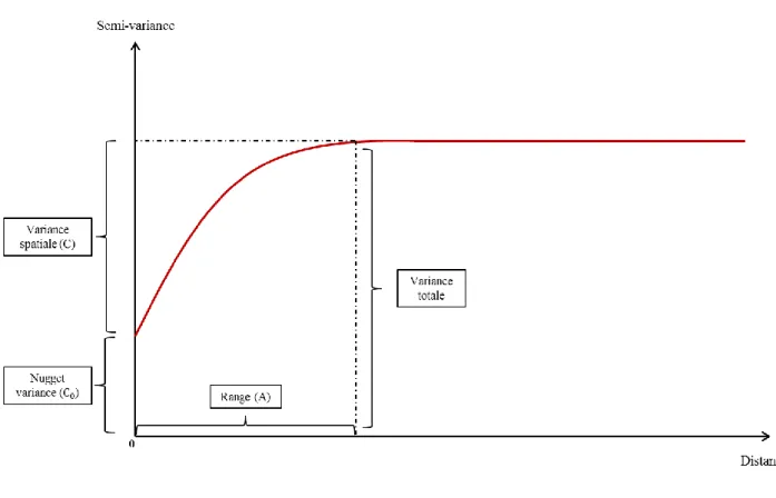 Figure 6 : Exemple de semi-variogramme fictif permettant d’illustrer les différents paramètres  permettant de décrire le pattern spatial d’une variable pour un modèle sphérique