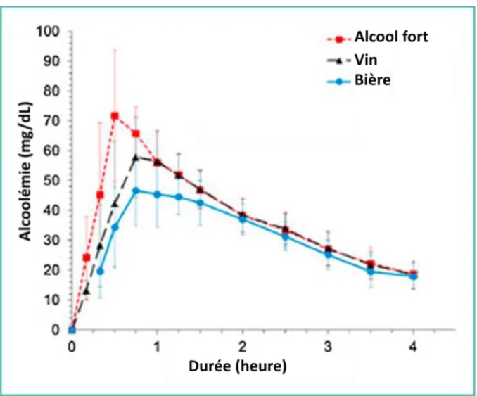 Figure  1  Evolution  de  l’alcoolémie  avec  le  temps  après  la  consommation  de  différentes  boissons  alcoolisées