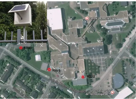 Fig. 4. Geographical position of the road-side units, RSU3 is shown in the upper left corner encased with an energy harvesting module