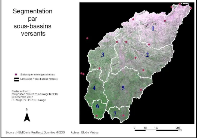 Figure  9 : Segmentation  du  Bani  en  sept  sous-bassins  versants,  sur  fond  de  composition colorée de l’image MODIS-TERRA du 29 décembre 2007
