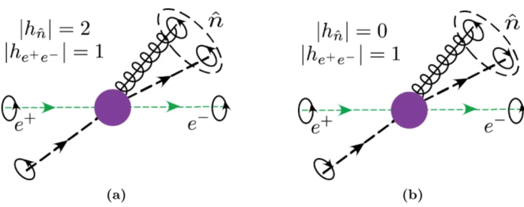 Figure 2. A illustration of the helicity selection rule for e + e − → dijets. In a) the collinear particles along the n axis carry |h = 2|, and have a vanishing projection onto the J e± current