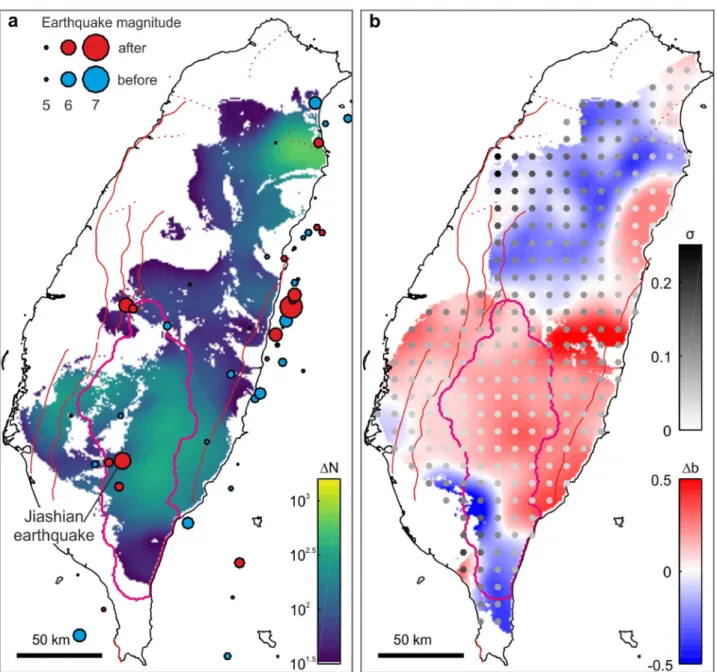 Figure 4.  Changes in seismicity after typhoon Morakot. (a) Map of difference of shallow (&lt; 15 km) earthquake  numbers,  N  , during the 2.5 years after and before typhoon Morakot