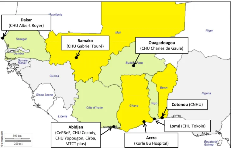 Figure 7 : Carte du réseau pédiatrique IeDEA Afrique de l’Ouest (pWADA) en juin 2016 