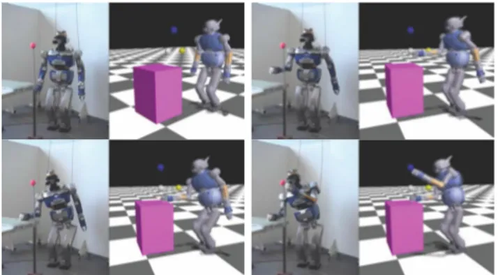 Fig. 1: Whole-body multi-contact experiment on HRP-2. The robot reaches for a target while it uses a table as an additional support to keep balance.