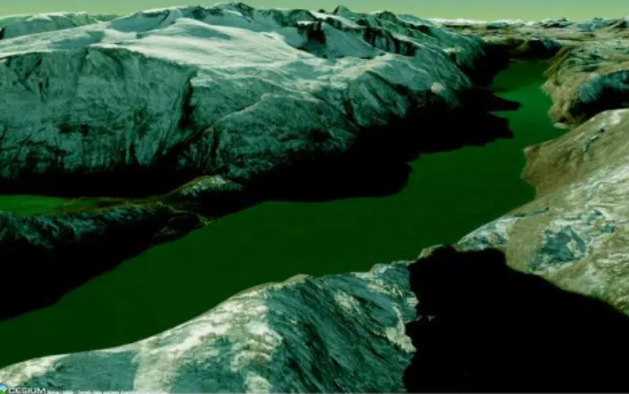 Figure 6: Visualisation based on Cesium with terrain processed by Cesium Terrain Builder.