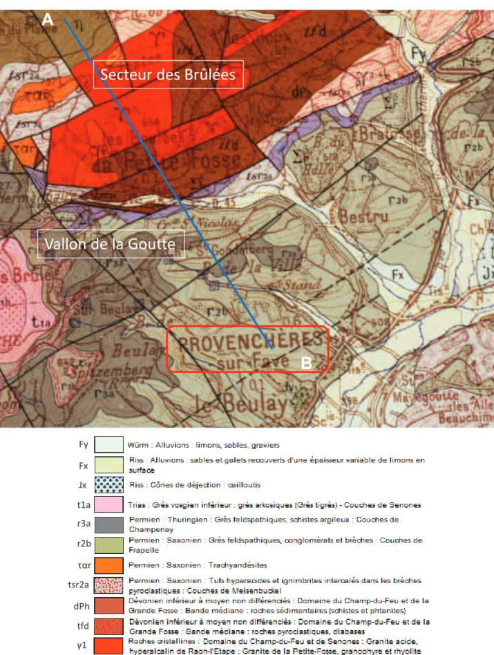 Figure  3  :  Localisation  de  Provenchères-sur-Fave  sur  fond  de  carte  géologique  de  Saint-Dié  n° 306  au  1/25 000 e  (BRGM) 