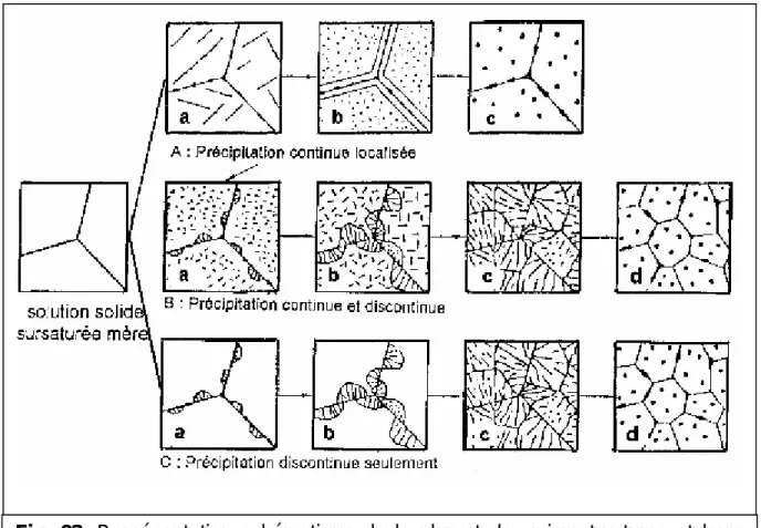Fig.  02.  Représentation  schématique  de  la  plupart  des  microstructures  et  leurs  caractéristiques,  observées  par  microscopie  optique  durant  les  divers  stades    de  précipitation à partir de la solution solide sursaturée [4]