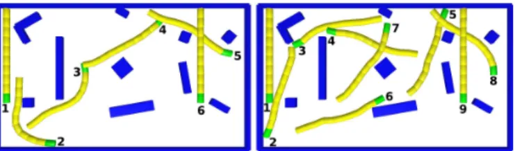 Fig. 4. Selected configurations along paths produced by AT-RRT when minimizing IC (left) or MW (right), after a running time of 100 s, on the Snake problem