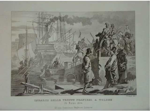 Fig. 8 : Embarquement des troupes françaises à Toulon le 20 mars 1854 (gravure italienne) 