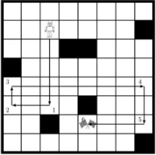 Figure 1 – Robot sliding game: a solution with six moves