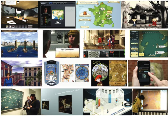 Fig. 1. From top to bottom, each row depicts representative serious games (SGs) for cultural awareness (Icura, Real Lives 2010, Les Fromages de France, Yong’s China Quest), historical reconstruction (The Siege of Syracuse, Roma Nova, Time Mesh, High Tea), 