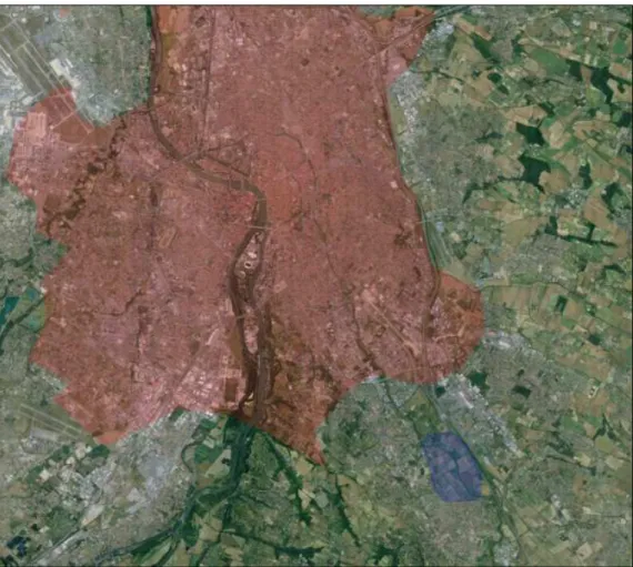 Illustration 1: Localisation du domaine expérimental d'Auzeville (en bleu) par rapport à la  ville de Toulouse (en rouge)