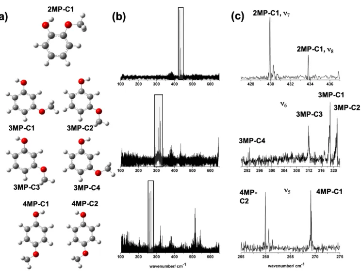 Fig. 3. Stable conformers and far-IR Jet-AILES spectra of the three MP isomers (2MP, 3MP, and 4MP, from top to bottom)