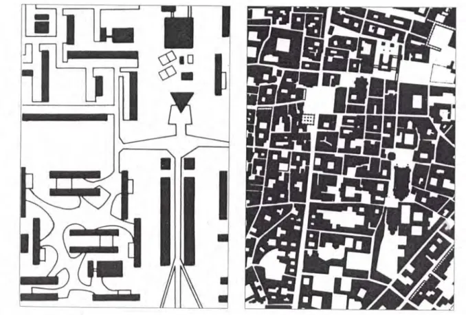 Figure 1: Comparaison des tissus historiques de Parme en 1830 et Brasilia en 1960  dans une  aire de 350 X 350m, source : (J