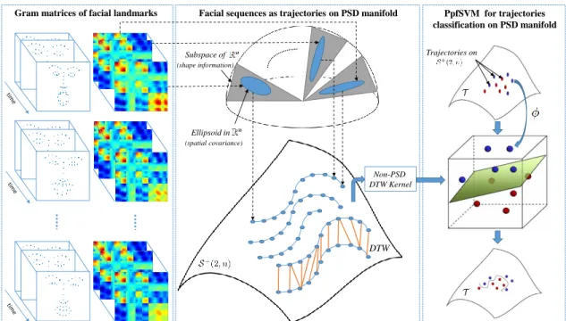 Figure 1. Overview of the proposed approach – After automatic landmark detection for each frame of the video, the Gram matrices are computed to build trajectories on S + (2, n)