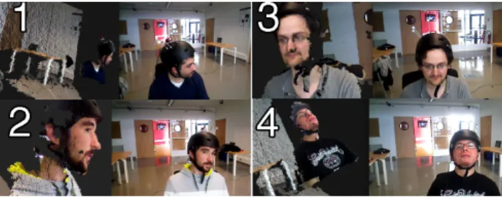 Figure 4. Example of the 4 sequences of our dataset. The images show the 3D point cloud (on the left) and the RGB image (on the right) for each sequence.