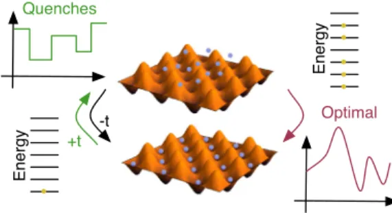 FIG. 1. (Color online) Dynamical scheme to optimally reverse the system dynamics: a system in the ground state is taken out of equilibrium by multiple random quenches