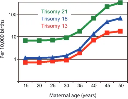 Figure 1:           Increase of trisomies in relation to maternal age. The three trisomies  indicated in this graph are the viable form of trisomy for humans