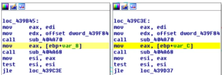 Figure 2: Example of two functionally equivalent basic block using different memory areas, from Vipasana ransomware.