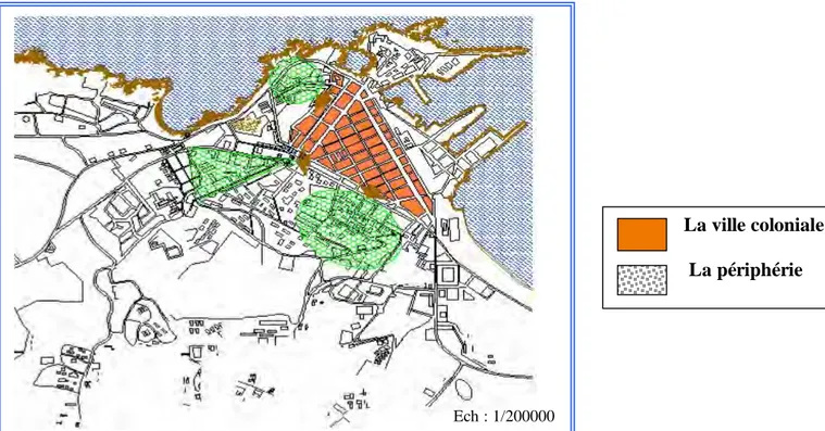 Figure IV-8 : Glissement de la population vers la périphérie de la ville coloniale.