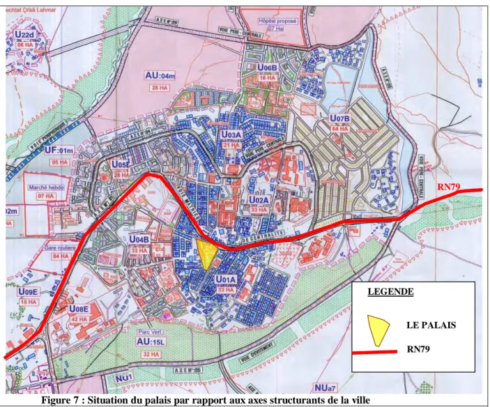 Figure 7 : Situation du palais par rapport aux axes structurants de la ville  