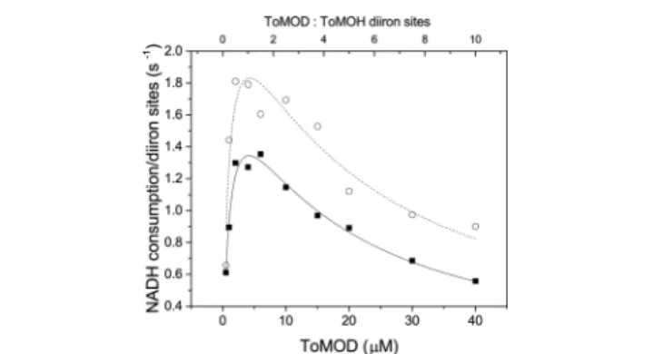 Figure 4. ET from ToMOC red to ToMOH ox as a function of ToMOH concentration. k obs values for the reaction between 5 μM ToMOC red