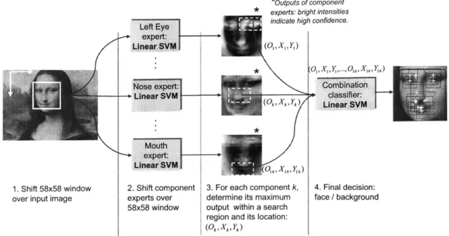 Figure  3.1:  System  overview  of the  component-based  face  detector  using  three  com- com-ponents.