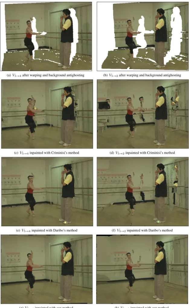 Fig. 2. Illustration of different methods of inpainting. Our approach relying on 3D tensor and directional prioritization shows efficient filling.