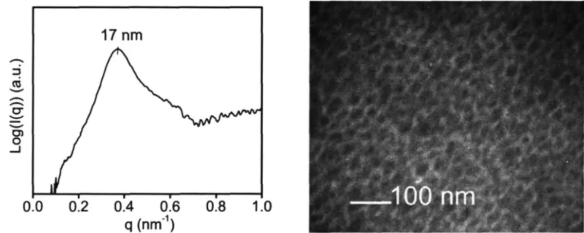 Figure 4-3: Characterization  of pristine POEM-g-PDMS:  (left) SAXS  pattern from pristine POEM-g-PDMS  (right) TEM micrograph  of unstained  POEM-g-PDMS