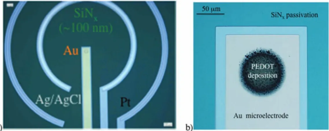 Fig. 1. Optical microscope images of (a) the integrated (Au-Pt-Ag/AgCl) electrochemical microcell (ElecCell) device and (b) the electrodeposited PEDOT film on the gold working electrode (solvent: acetonitrile)