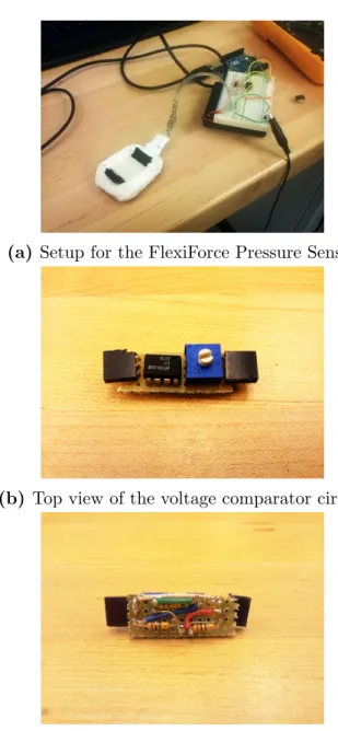 Figure 3-2: FlexiForce Pressure Sensor Experimental setup and the voltage com- com-parator circuit