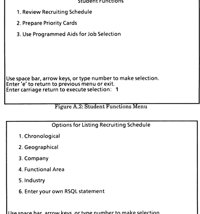 Figure A.2:  Student Functions Menu Options for Listing  Recruiting  Schedule 1. Chronological