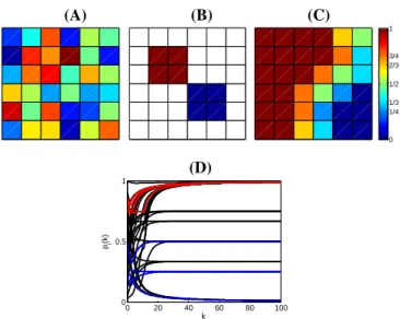 Fig. 3. Illustration of the CODA dynamics on a 6 × 6 square lattice. (A) Each colored squared cell represents the initial opinion of an agent