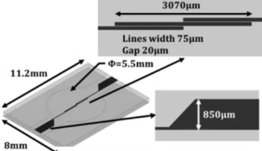Fig. 2. View of the microstrip- microstrip-to-CPW transition inside the  packaging (bottom) and with  the packaging cover (top)