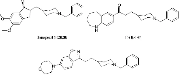Figure 09 : Structures chimiques du donepezil, TAK-147 et N- N-benzylpiperidinemorpholinobenzisoxazole