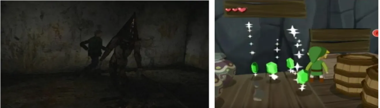 Figure 12 - « Pyramid Head laissant trainer son couteau au sol lors de l’affrontement dans Silent Hill 2 »  Figure 13 - « Divers rubis heurtant le sol dans The Legend of Zelda : The Wind Waker » 