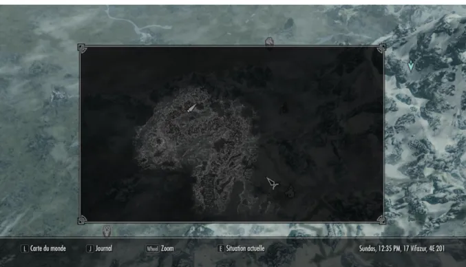 Figure  37,  Exemple  de  carte  locale  extérieure  de  Skyrim, sortie  de  la  prison  d’Helgen,  Interface  de  carte  locale  extérieure,  Skyrim