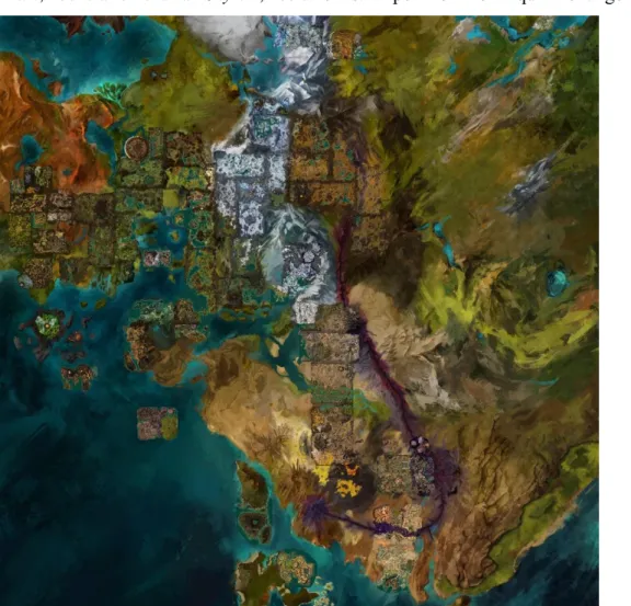 Figure  3.  Carte  globale  de  Guild  Wars  II  « vanilla »,  c’est-à-dire  sans  extensions