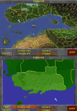 Figure  14,  en  haut  :  carte  globale.  En  bas  :  carte  régionale  de  la  région  « Daggerfall »,  interfaces  de  carte  de  Daggerfall