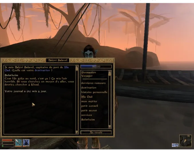 Figure  24,  Exemple  de  conversation  donnant  des  indications  géographiques  des  lieux  au  joueur,  interface  de  dialogue  de  Morrowind
