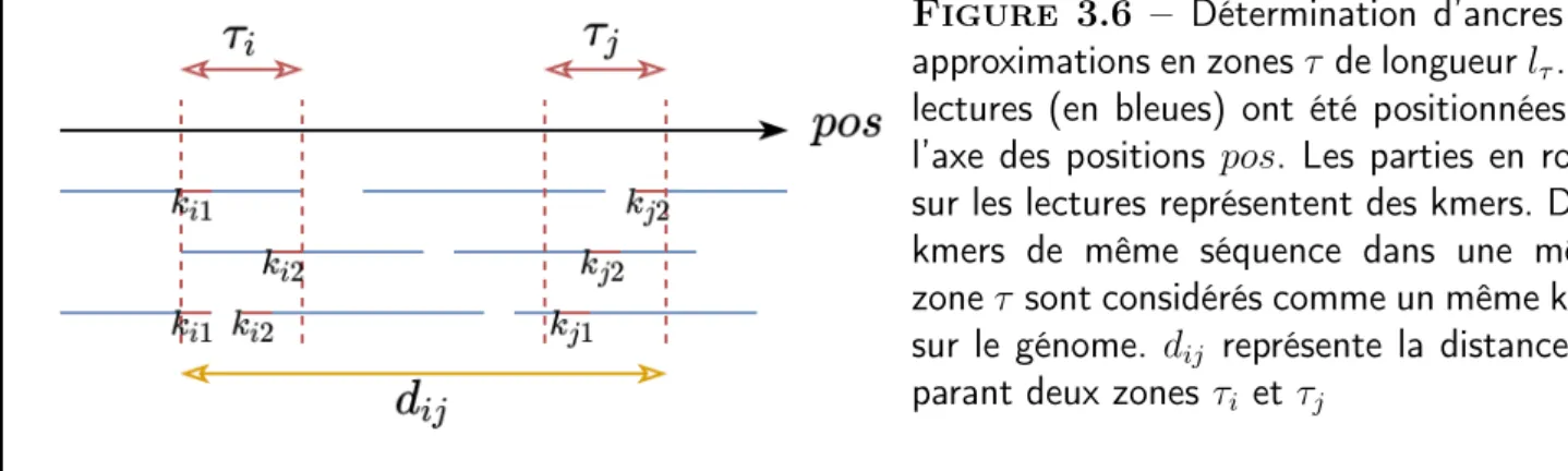 Figure 3.6 – Détermination d’ancres par approximations en zones τ de longueur l τ . Les lectures (en bleues) ont été positionnées sur l’axe des positions pos
