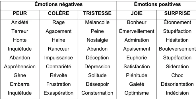 Figure 8 : Le vocabulaire se rapportant aux cinq émotions de base. 