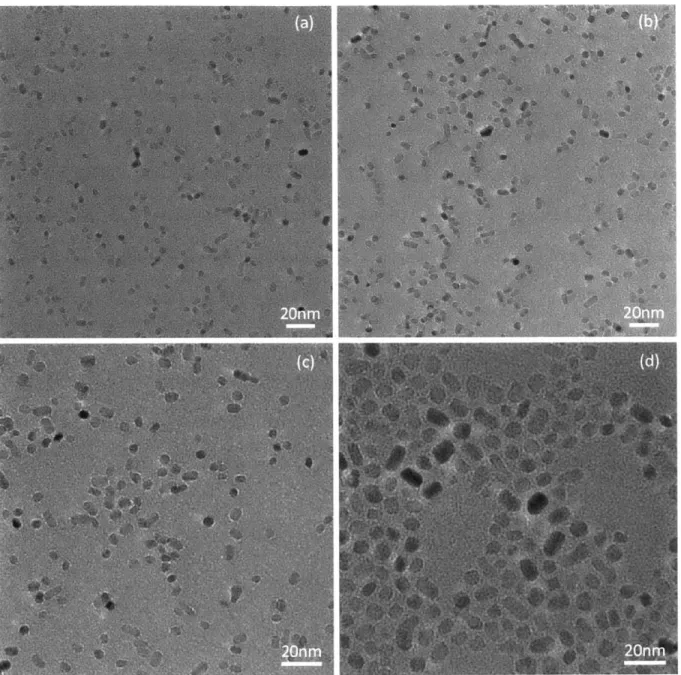 Figure  25.  TEM  micrographs  for titania nanocrystals  synthesized  at  175'C for (a)  8hr,  (b)  12hr, (c)  16hr,  and (d)  20hr.